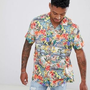 ASOS DESIGN relaxed hawaiian floral postcard print shirt with revere collar XL